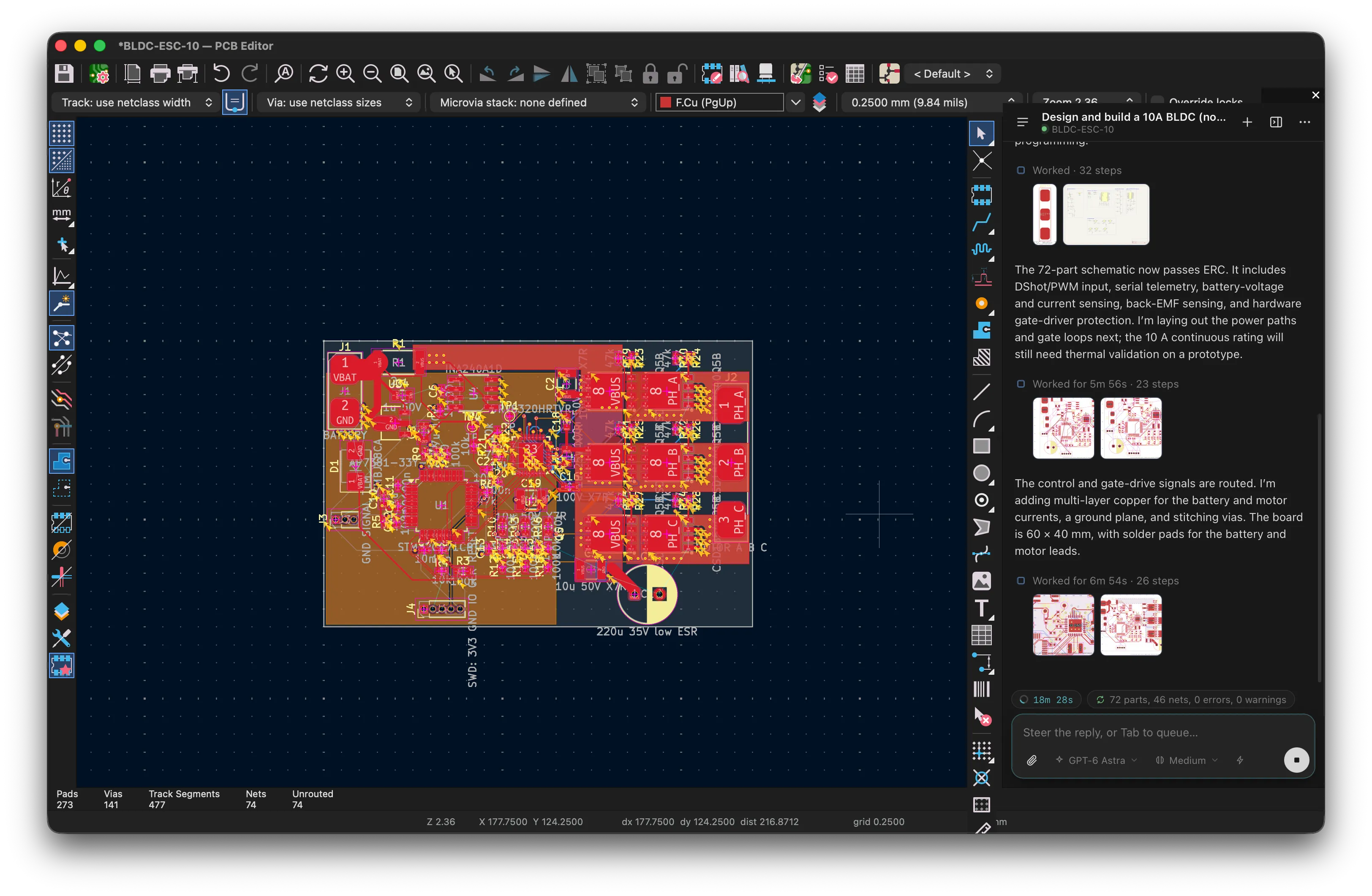 Cathode’s PCB editor showing a motor controller board layout, with the assistant panel open on the right.